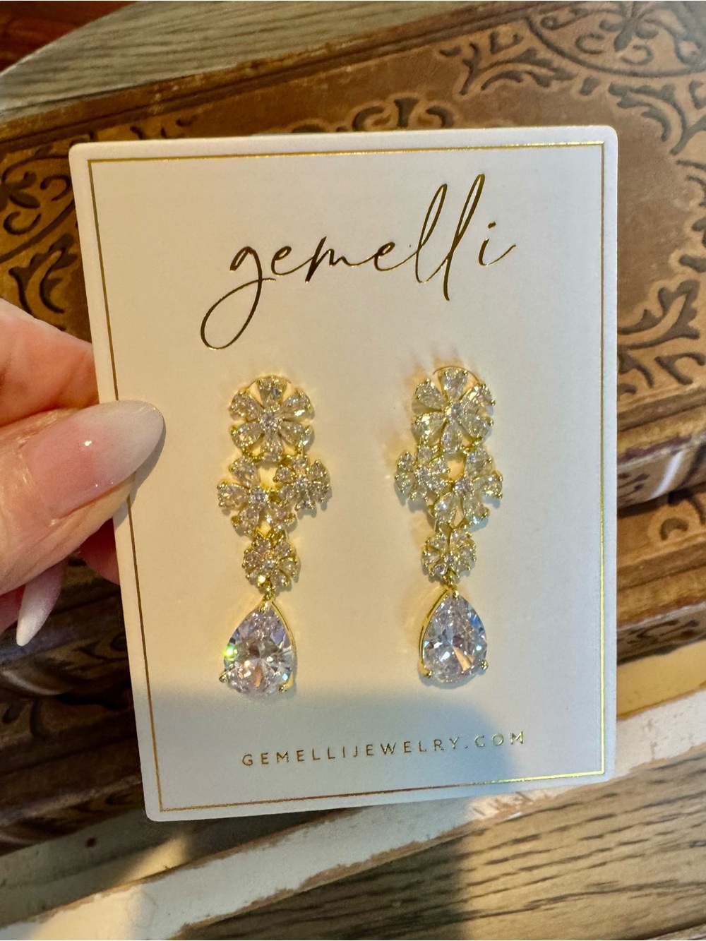 Gemelli Gold Drop Earrings with Clear Crystals